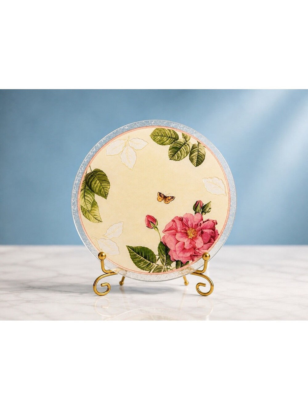 Gorham USA 1980s Round Serving Platter Rose Serenade Fused Glass, 14”